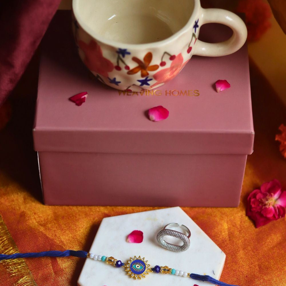 Rakhi Bloom Mug gift box with Rakhi & Earrings  handmade in India