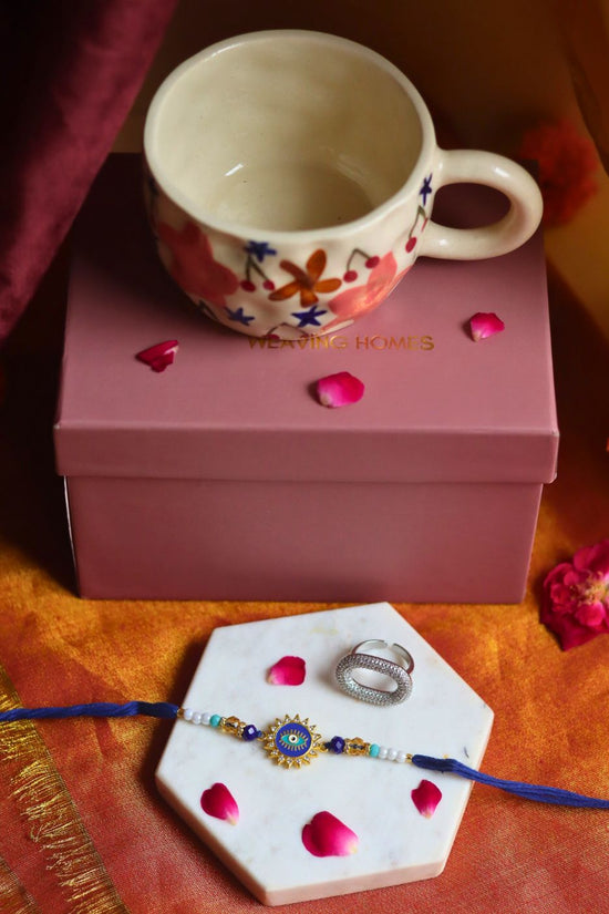 Rakhi Bloom Mug gift box with Rakhi & Earrings  handmade in India