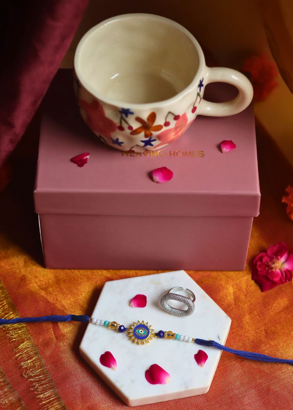 Rakhi Bloom Mug gift box with Rakhi & Earrings  handmade in India