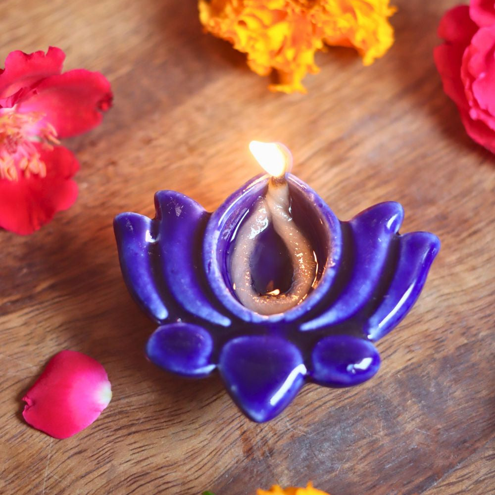handmade Set of 4 Lotus Diya - Blue