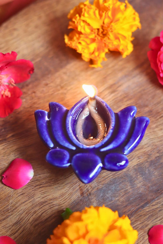 handmade Set of 4 Lotus Diya - Blue
