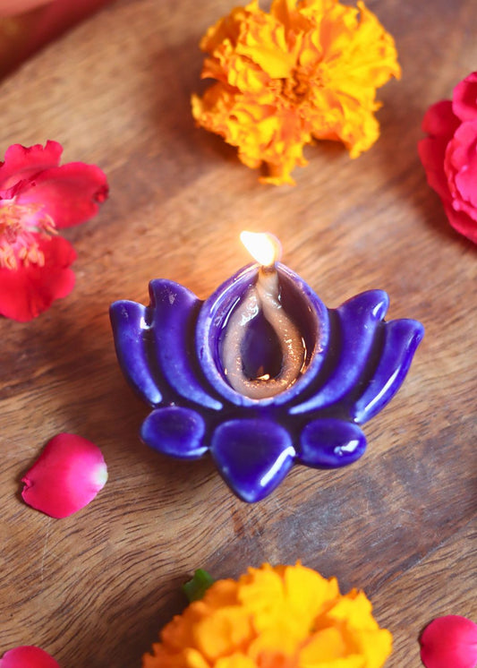 handmade Set of 4 Lotus Diya - Blue