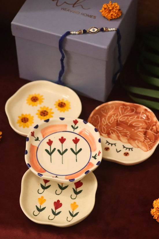Set of 4 - Surajmukhi, Tweety, Peony & Pastel tulip handmade dessert plate combo Rakhi Gift box with premium quality material