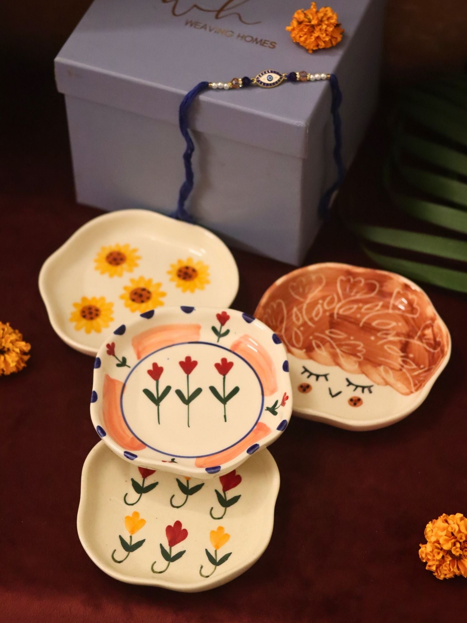 Set of 4 - Surajmukhi, Tweety, Peony & Pastel tulip handmade dessert plate combo Rakhi Gift box with premium quality material