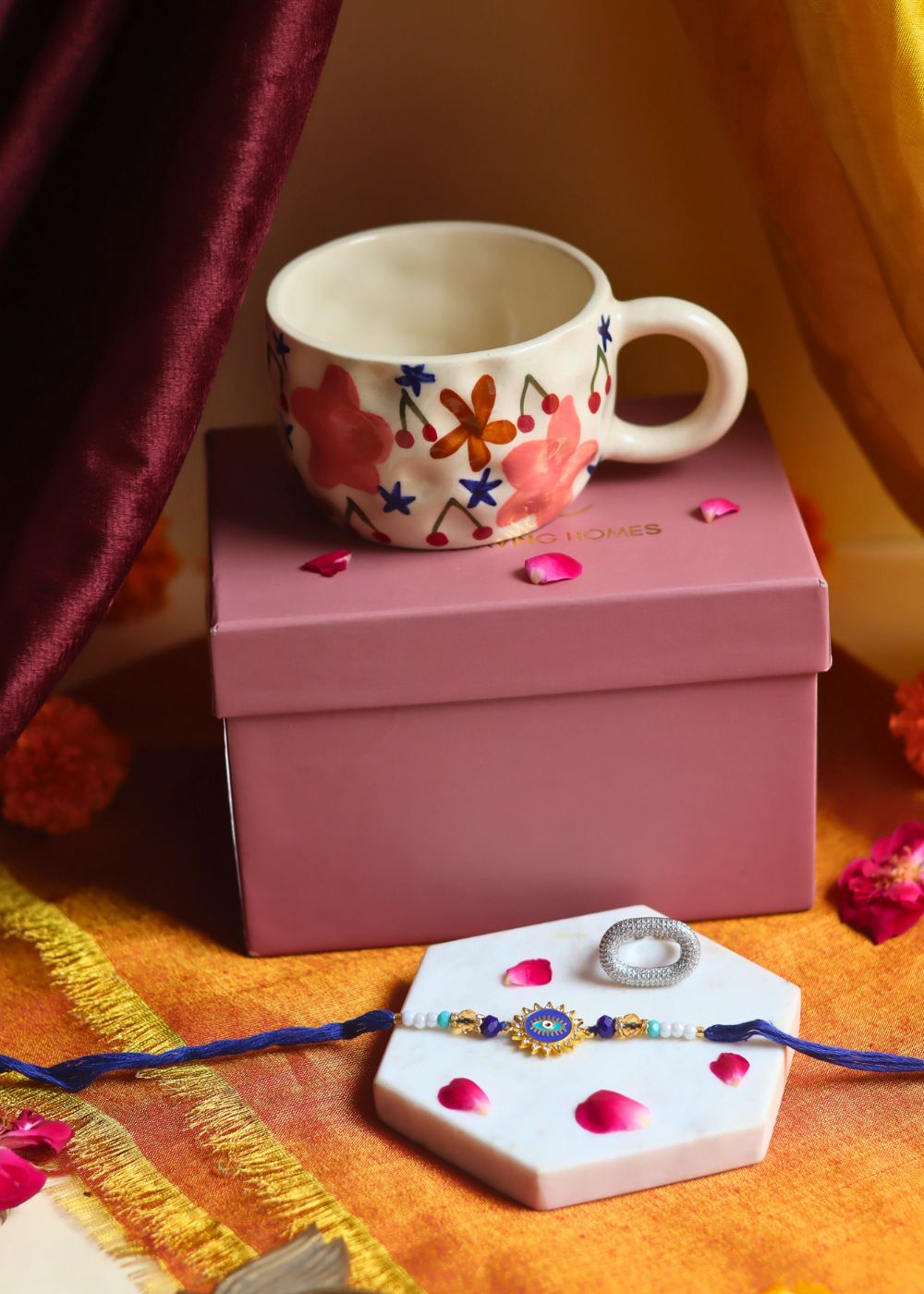 Rakhi Bloom Mug gift box with Rakhi & Earrings  with premium quality material