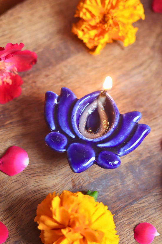 Set of 4 Lotus Diya - Blue made by ceramic