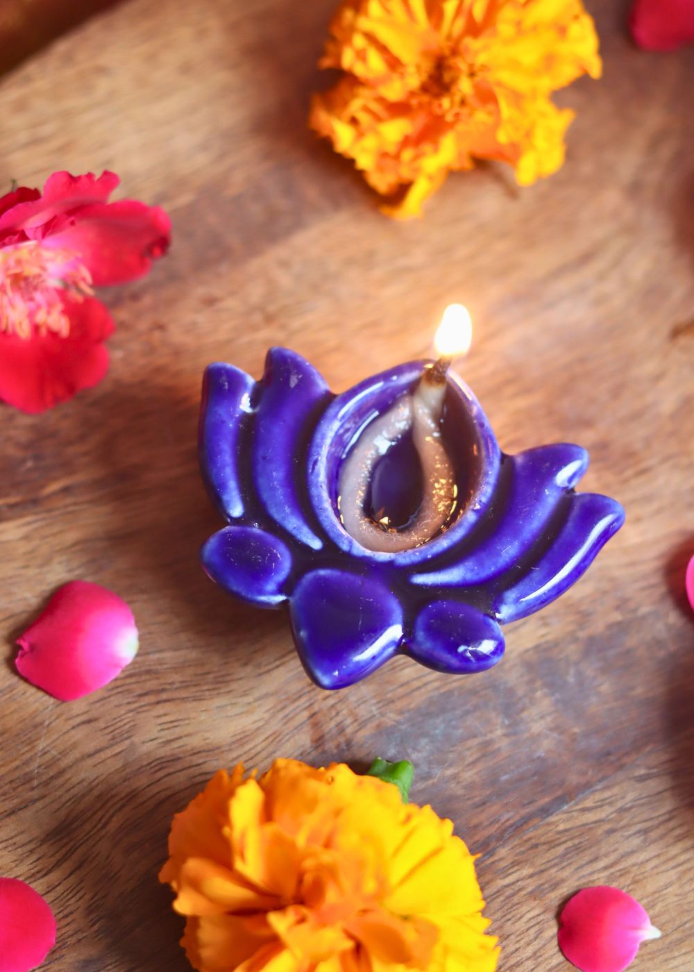 Set of 4 Lotus Diya - Blue made by ceramic