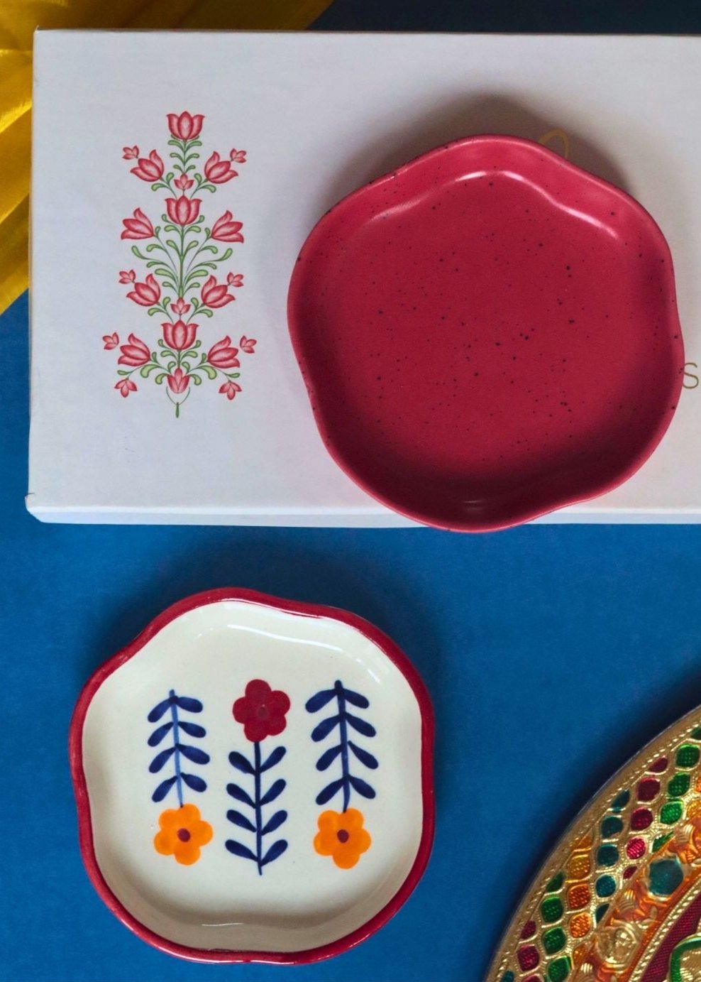 Red & Floral Handmade Dessert Plate in a Gift Box made by ceramic