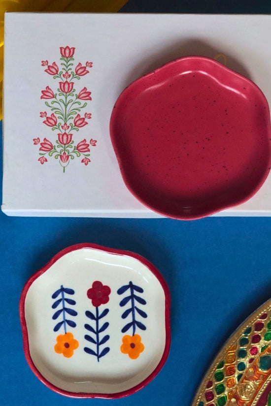 Red & Floral Handmade Dessert Plate in a Gift Box made by ceramic
