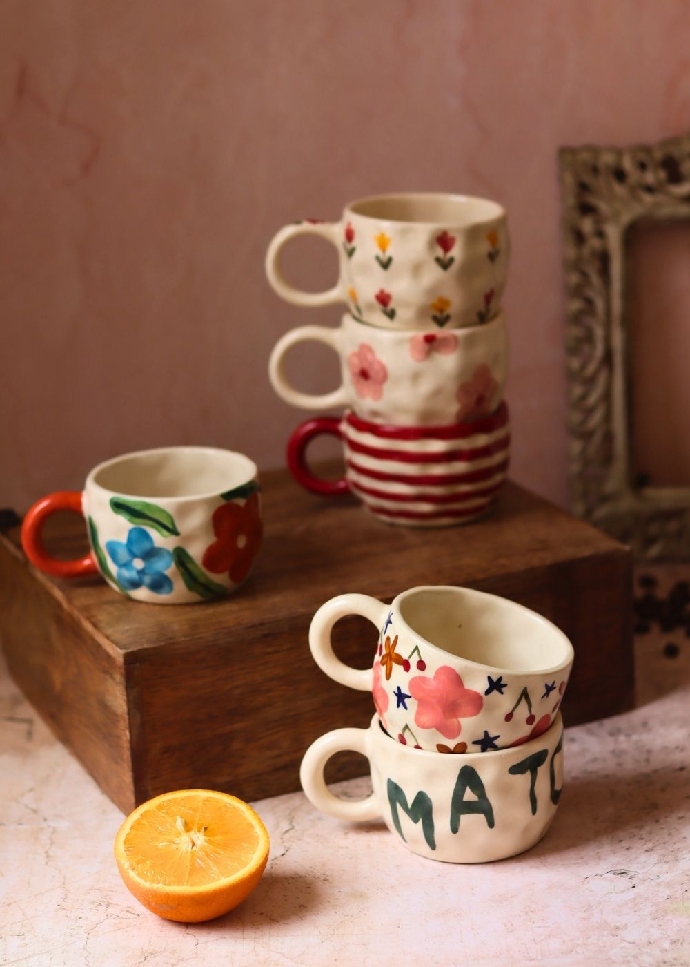 handmade Set of 6 Blossom Glow mugs (for the price of 5)