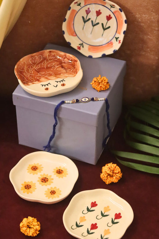 Set of 4 - Surajmukhi, Tweety, Peony & Pastel tulip handmade dessert plate combo Rakhi Gift box handmade in india
