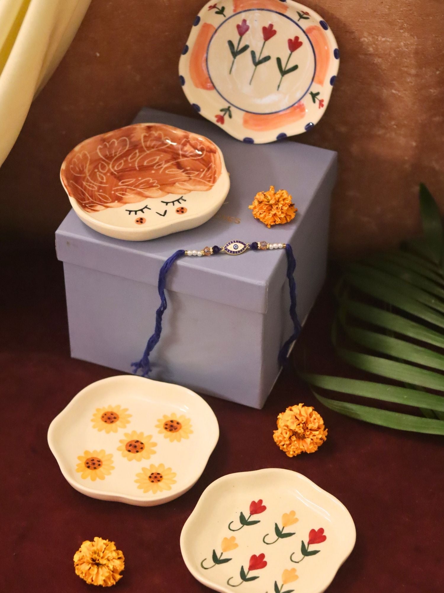 Set of 4 - Surajmukhi, Tweety, Peony & Pastel tulip handmade dessert plate combo Rakhi Gift box handmade in india