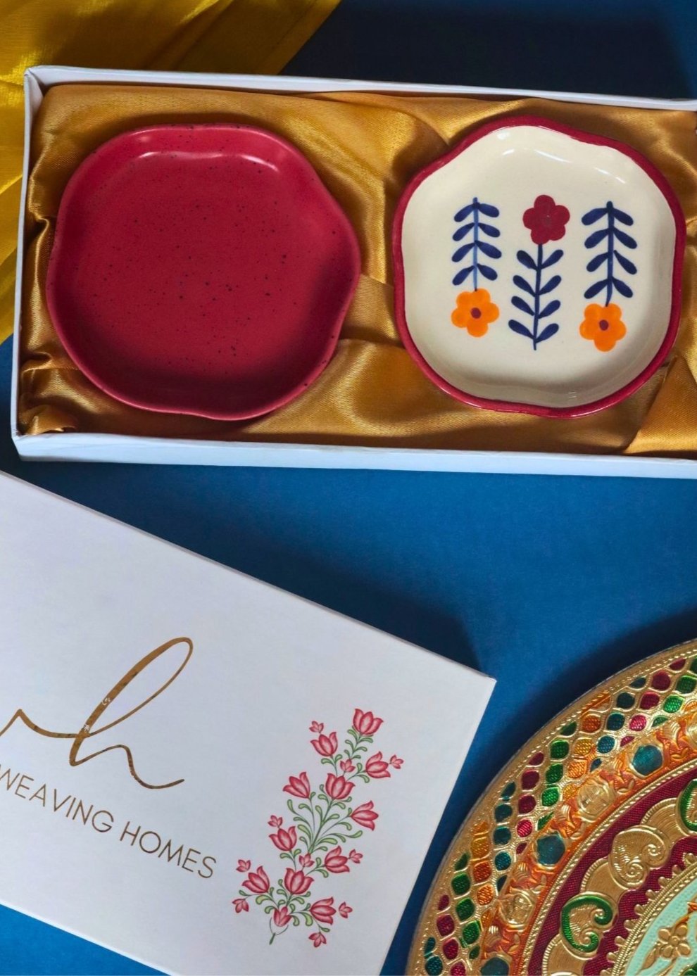 Red & Floral Handmade Dessert Plate in a Gift Box handmade in india