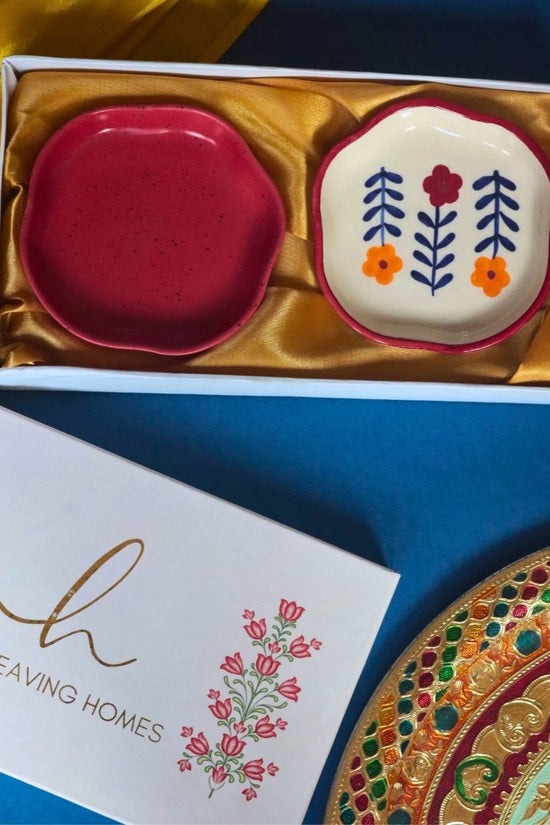 Red & Floral Handmade Dessert Plate in a Gift Box handmade in india