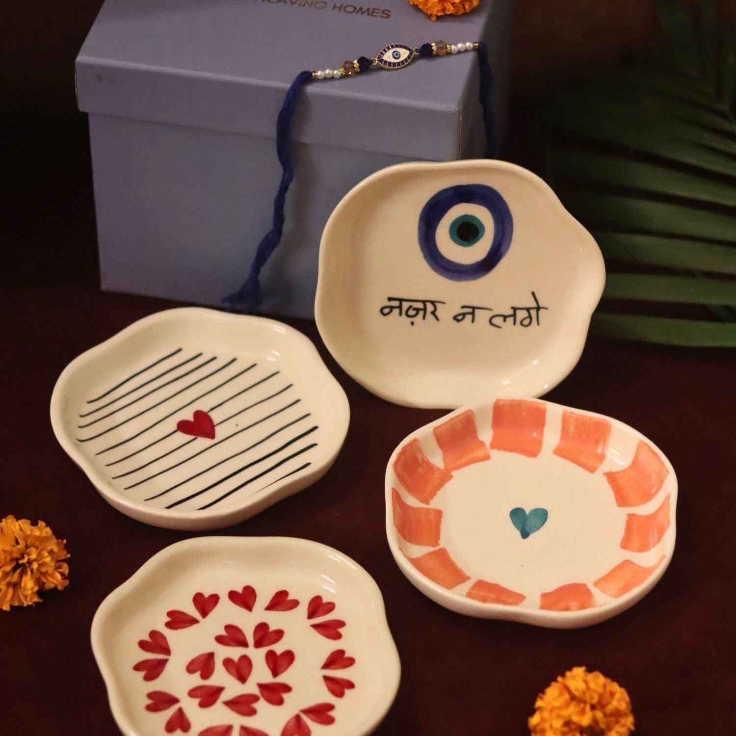 Set of 4 - Heart, Striped Heart & Nazar handmade dessert plate combo Rakhi Gift box