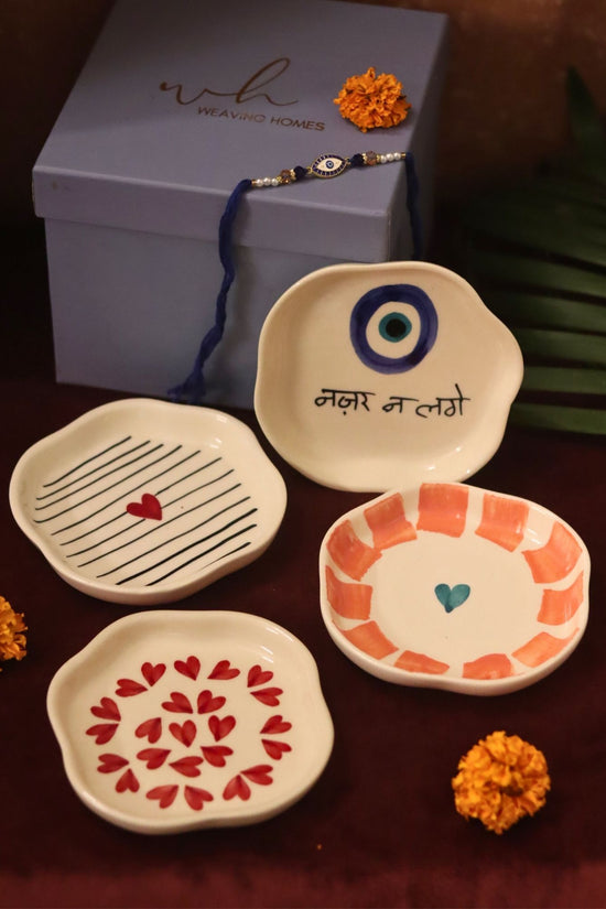 Handmade lead free Set of 4 - Heart, Striped Heart & Nazar handmade dessert plate combo Rakhi Gift box
