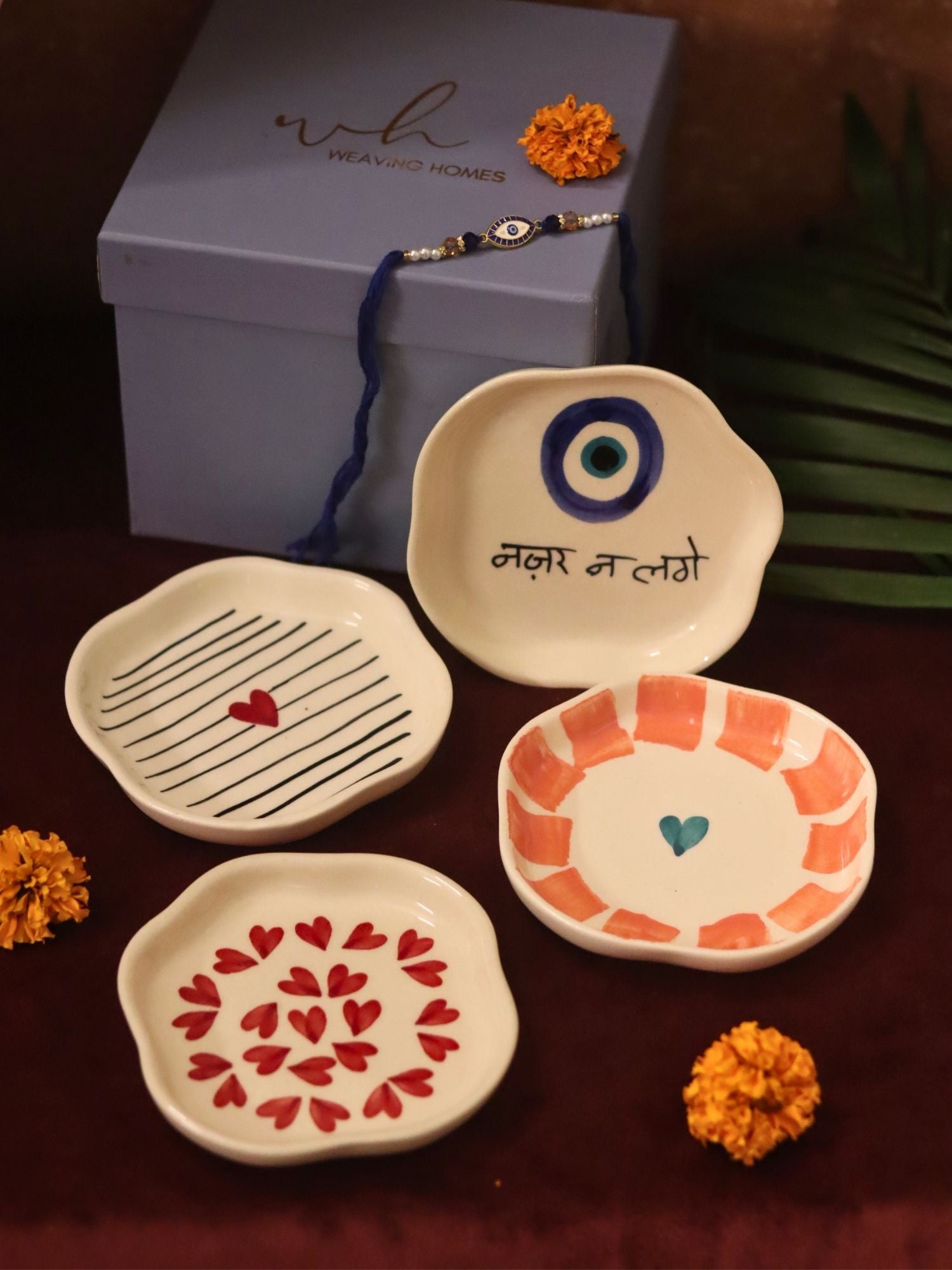 Handmade lead free Set of 4 - Heart, Striped Heart & Nazar handmade dessert plate combo Rakhi Gift box