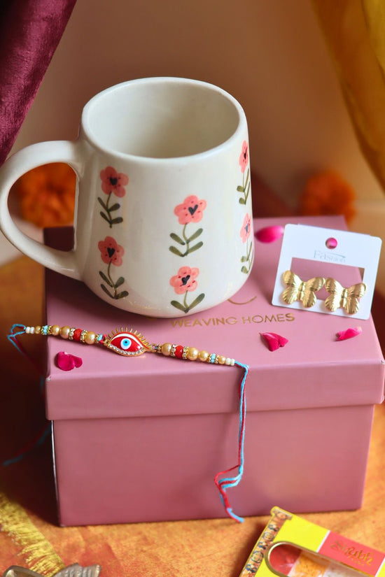Rakhi Poppy Mug gift box with Rakhi & Earrings with premium quality material
