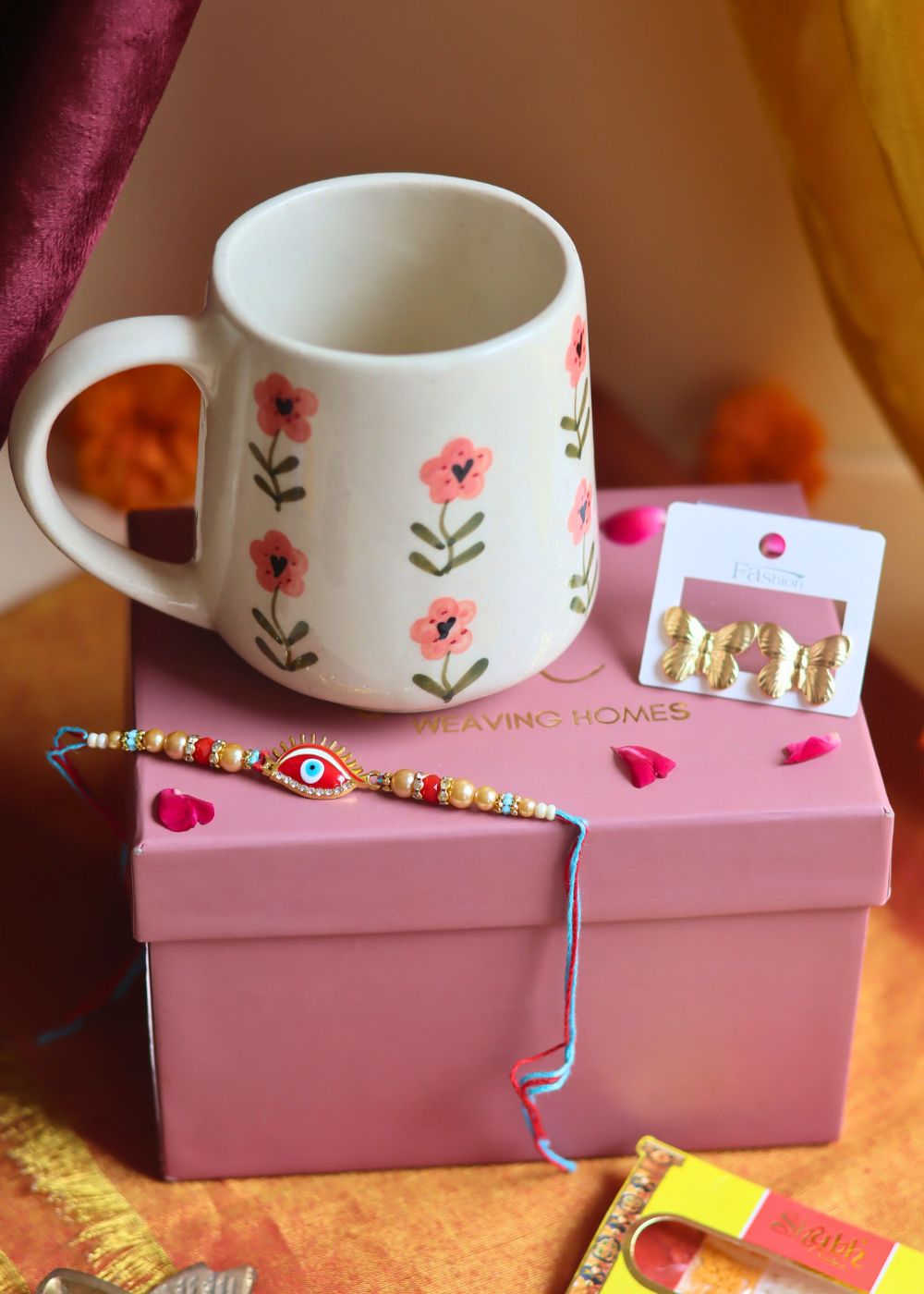 Rakhi Poppy Mug gift box with Rakhi & Earrings with premium quality material