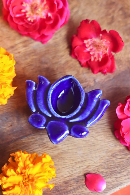 Set of 4 Lotus Diya - Blue handmade in India
