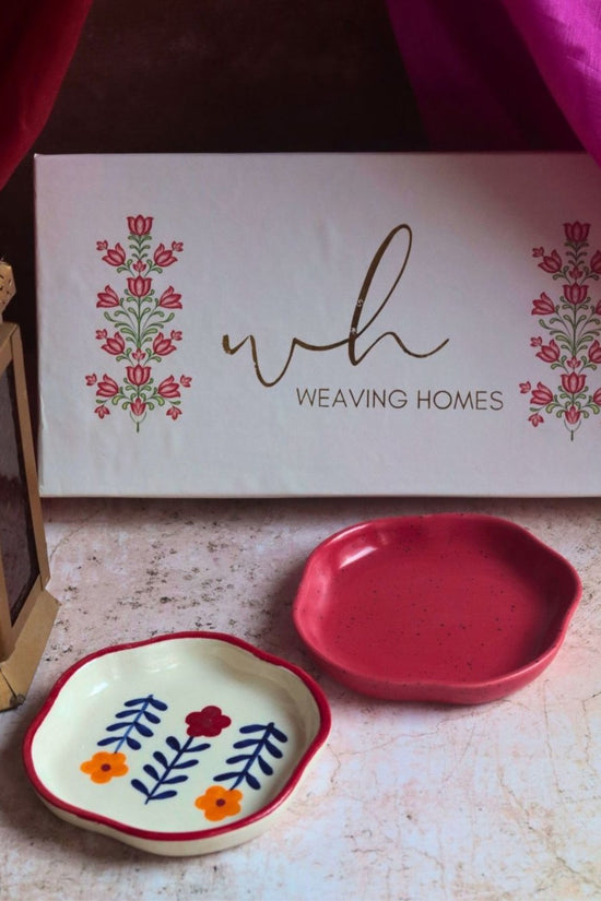 Red & Floral Handmade Dessert Plate in a Gift Box with premium quality material