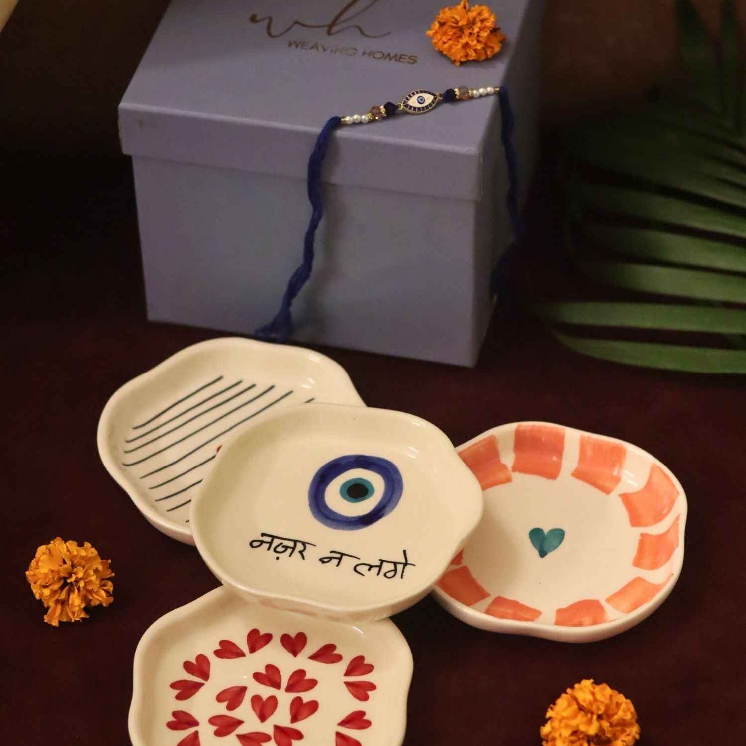 Set of 4 - Heart, Striped Heart & Nazar handmade dessert plate combo Rakhi Gift box