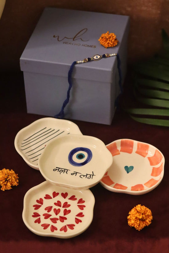 Set of 4 - Heart, Striped Heart & Nazar handmade dessert plate combo Rakhi Gift box made by ceramic