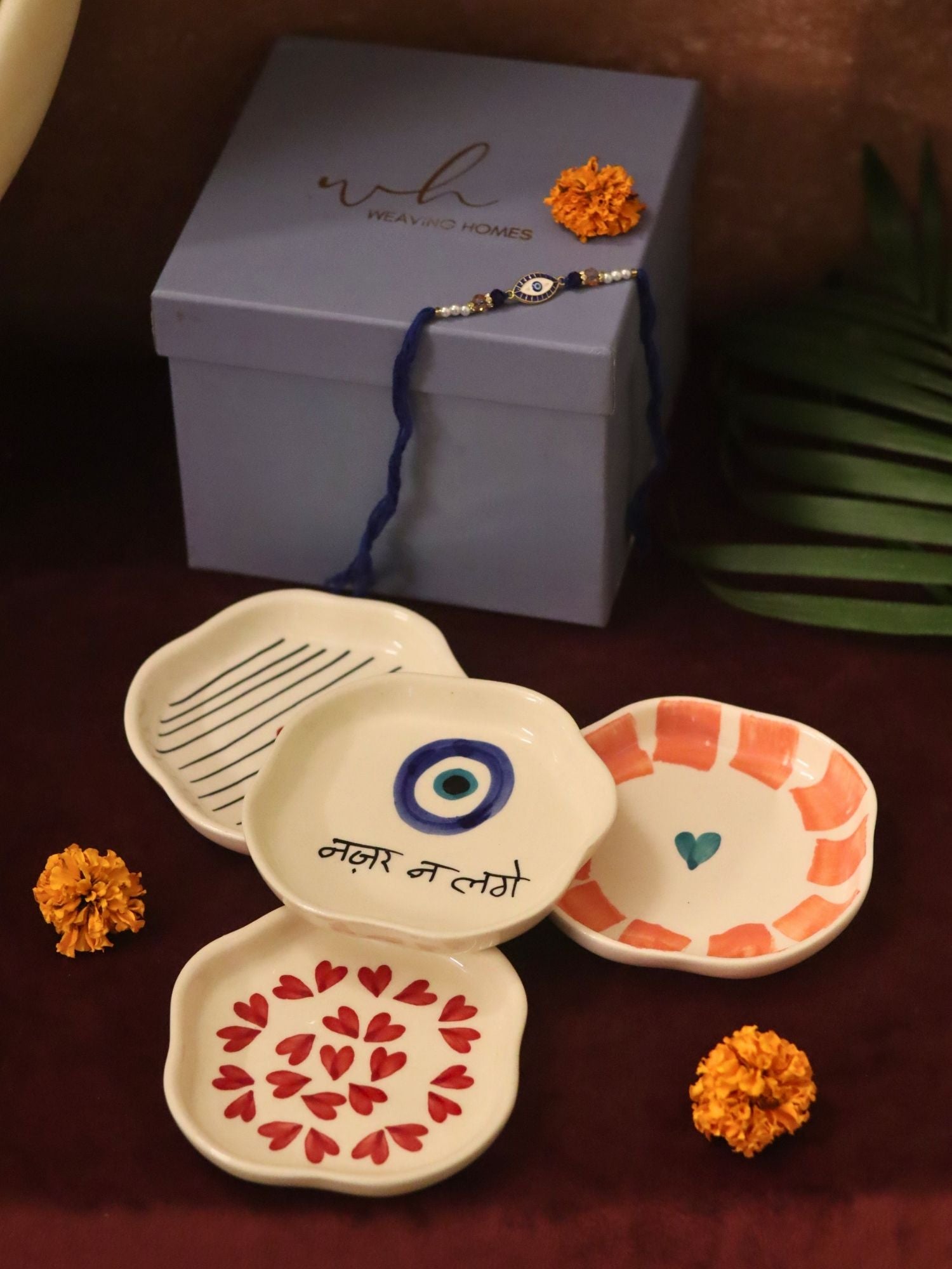 Set of 4 - Heart, Striped Heart & Nazar handmade dessert plate combo Rakhi Gift box made by ceramic