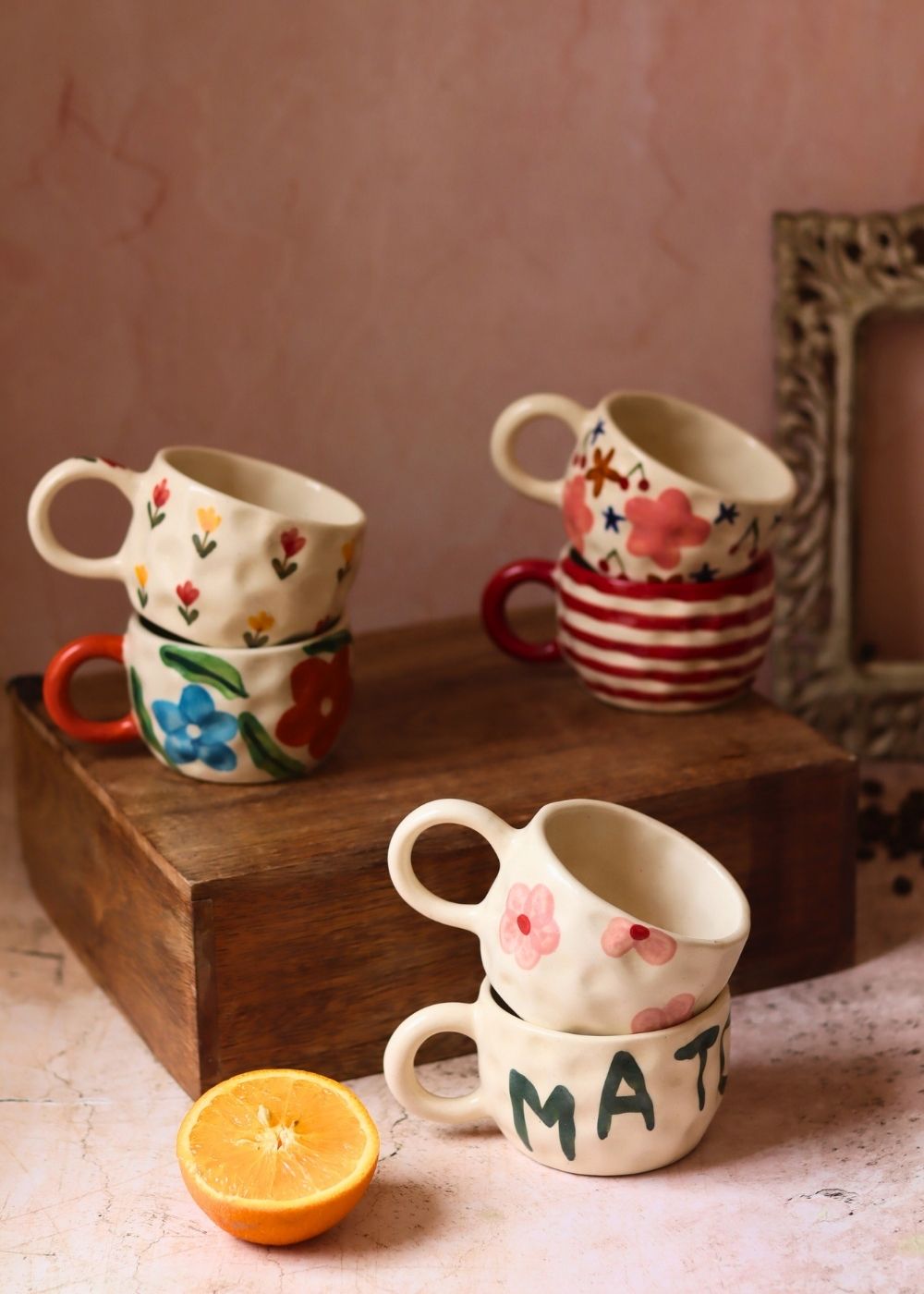 Set of 6 Blossom Glow mugs (for the price of 5) handmade in India