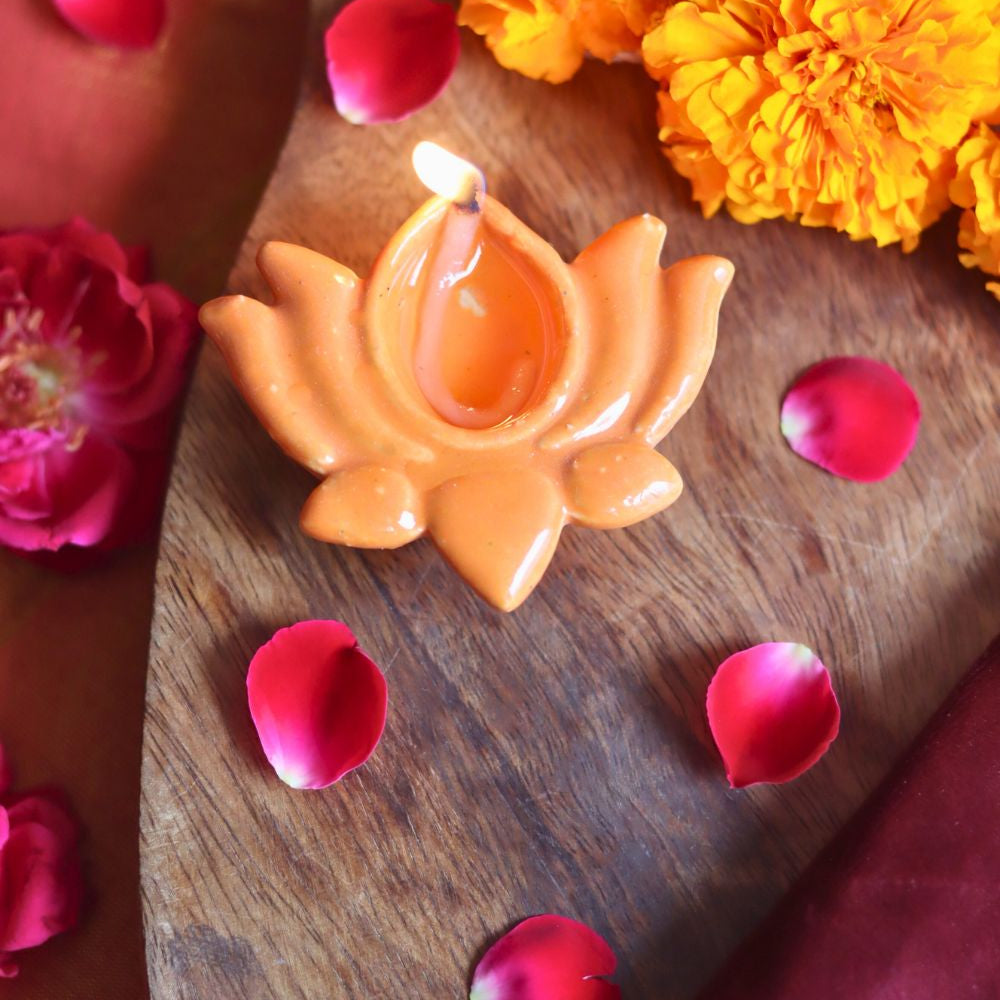Set of 4 Lotus Diya - Peach made by ceramic