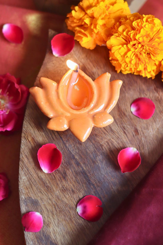 Set of 4 Lotus Diya - Peach made by ceramic