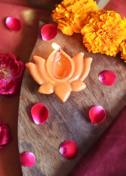 Set of 4 Lotus Diya - Peach made by ceramic