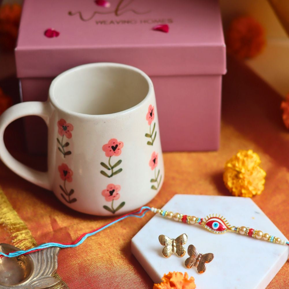 Rakhi Poppy Mug gift box with Rakhi & Earrings handmade in India