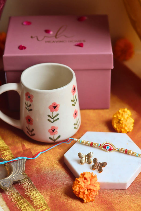 Rakhi Poppy Mug gift box with Rakhi & Earrings handmade in India