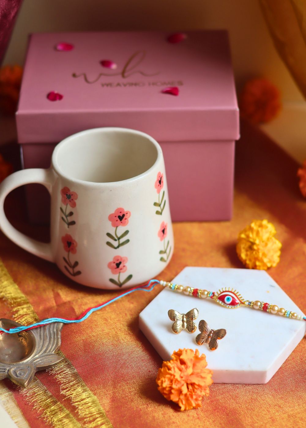 Rakhi Poppy Mug gift box with Rakhi & Earrings handmade in India