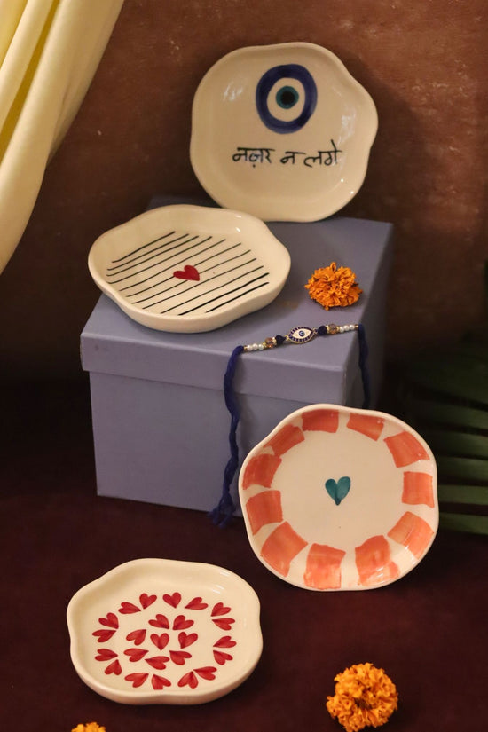 Set of 4 - Heart, Striped Heart & Nazar handmade dessert plate combo Rakhi Gift box with premium quality material