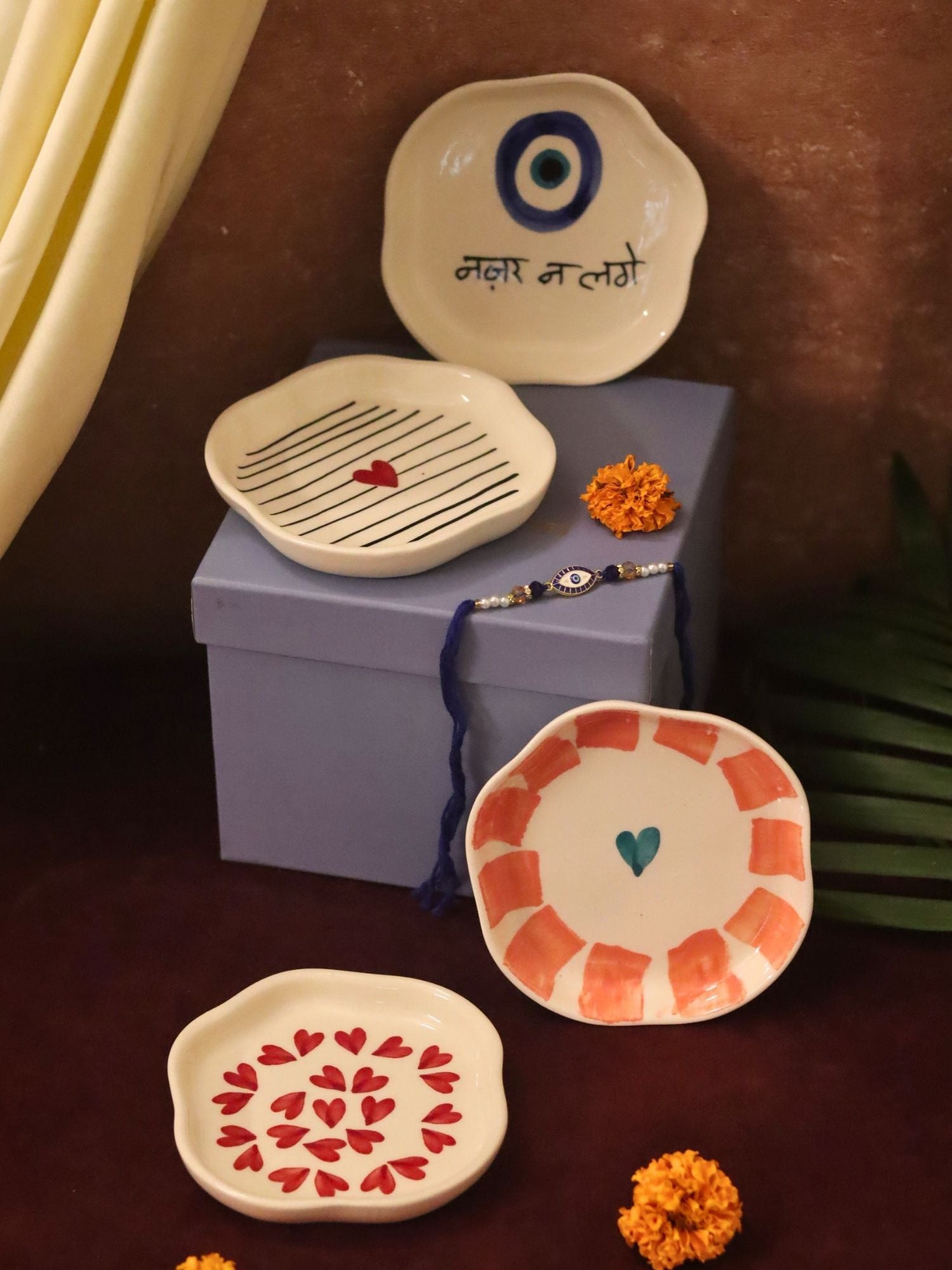 Set of 4 - Heart, Striped Heart & Nazar handmade dessert plate combo Rakhi Gift box with premium quality material