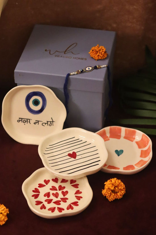 Set of 4 - Heart, Striped Heart & Nazar handmade dessert plate combo Rakhi Gift box handmade in India