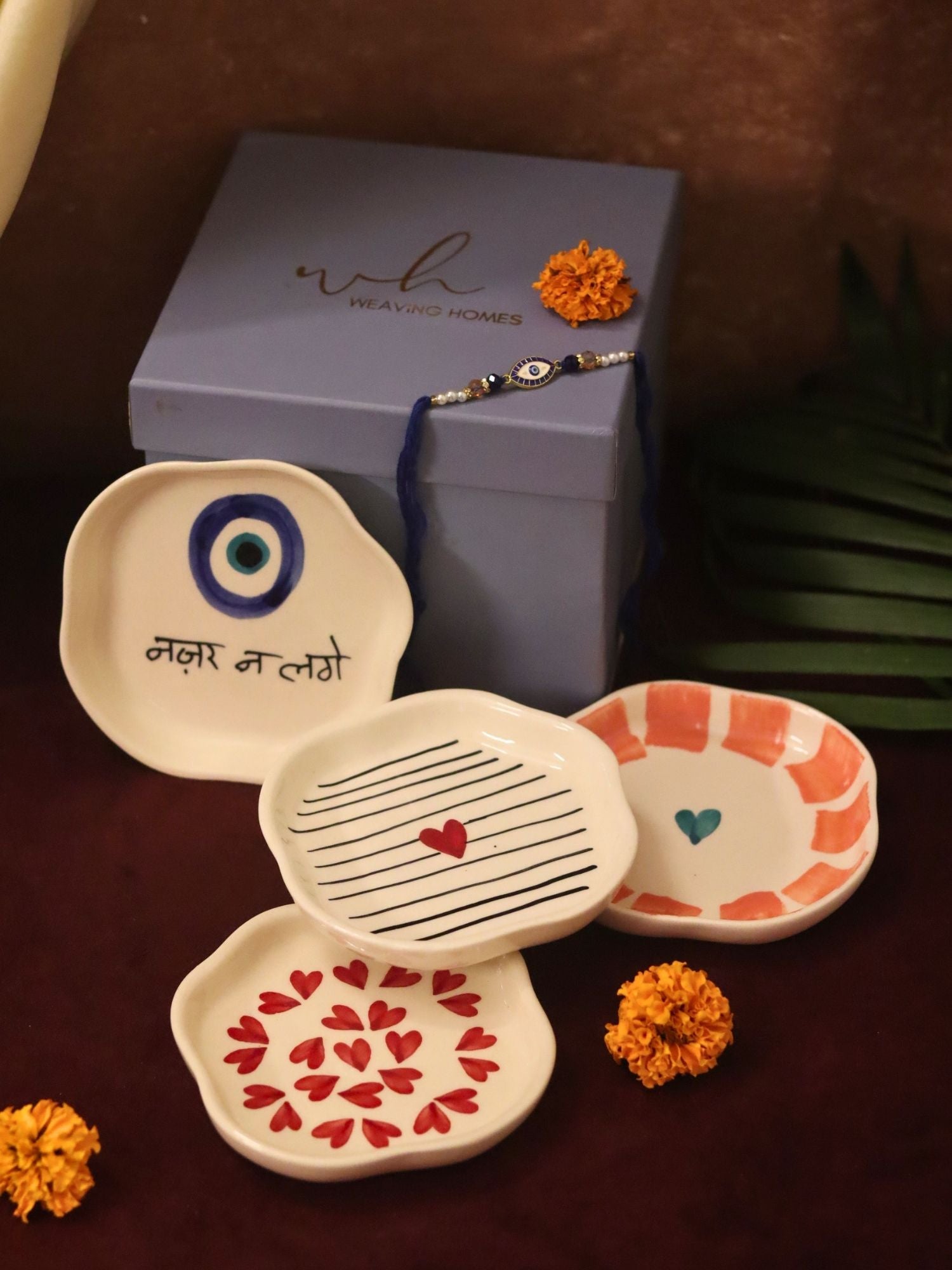 Set of 4 - Heart, Striped Heart & Nazar handmade dessert plate combo Rakhi Gift box handmade in India