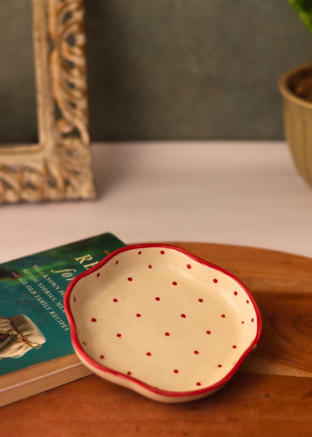 red polka handmade dessert plate made by ceramic 