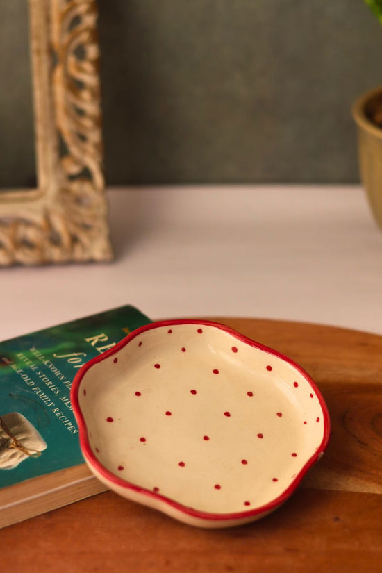 red polka handmade dessert plate made by ceramic 