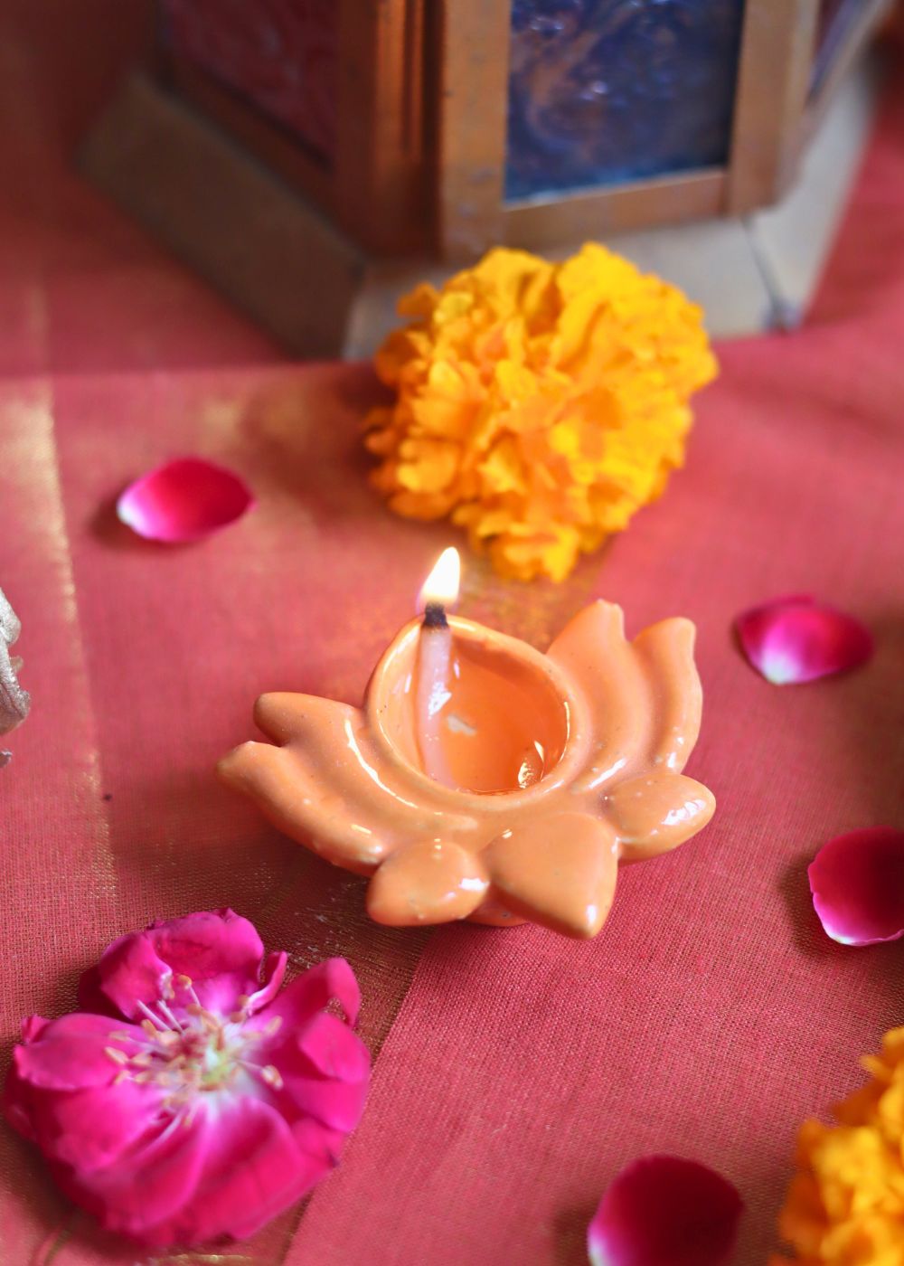 Set of 4 Lotus Diya - Peach handmade in India