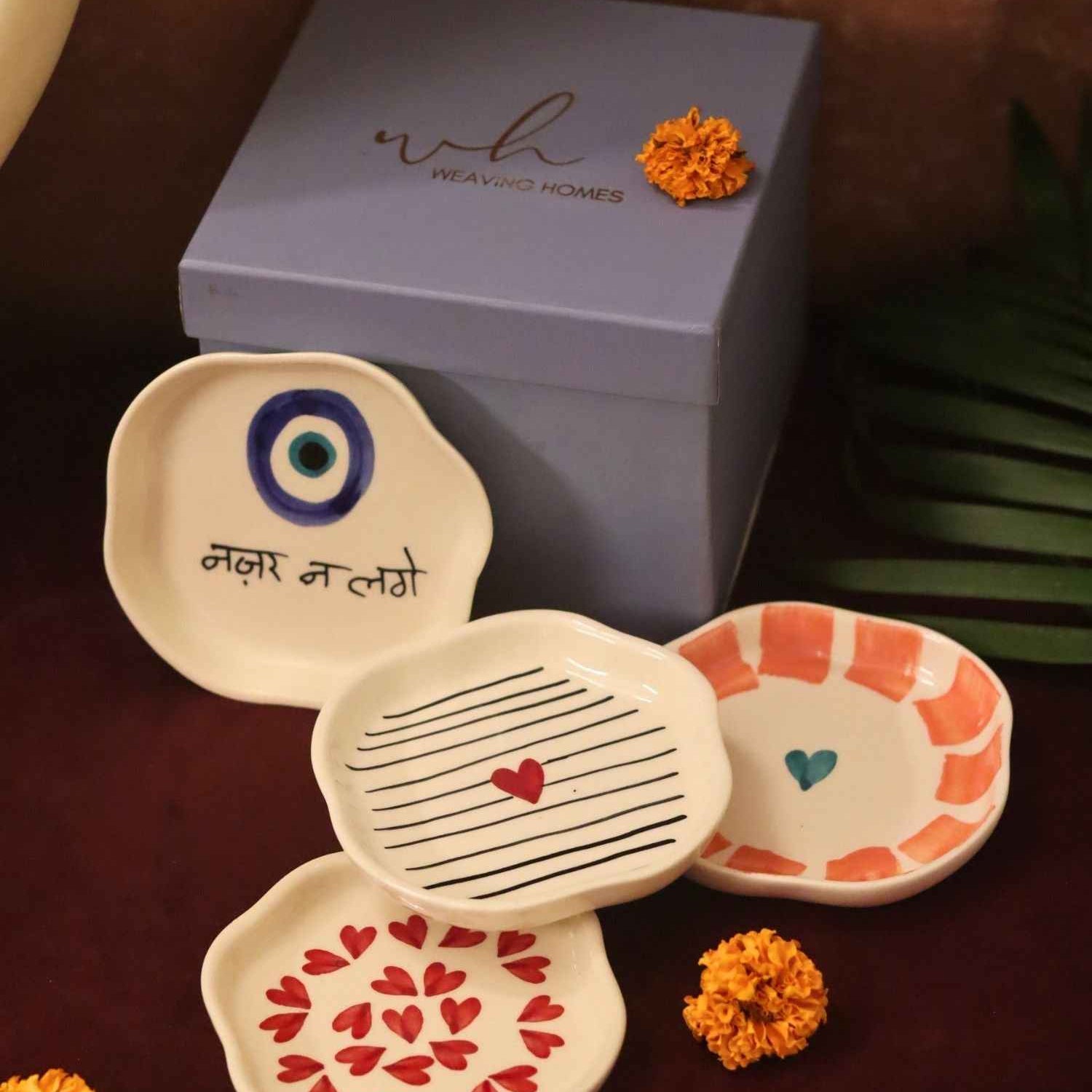 Set of 4 - Heart, Striped Heart & Nazar handmade dessert plate combo in a Gift box
