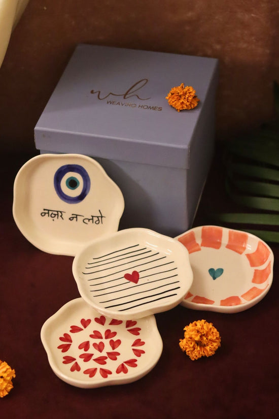 handmade lead free Set of 4 - Heart, Striped Heart & Nazar handmade dessert plate combo in a Gift box