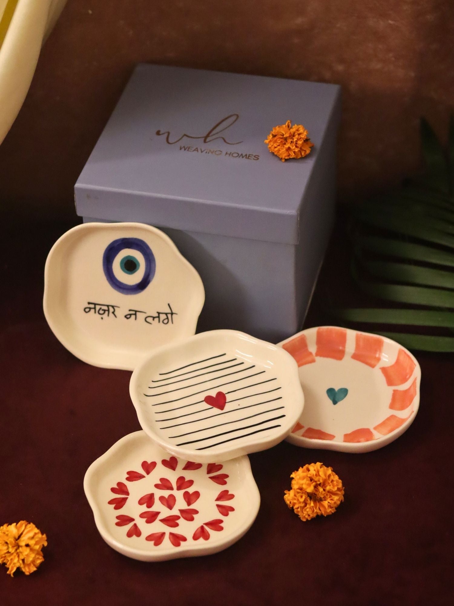 handmade lead free Set of 4 - Heart, Striped Heart & Nazar handmade dessert plate combo in a Gift box