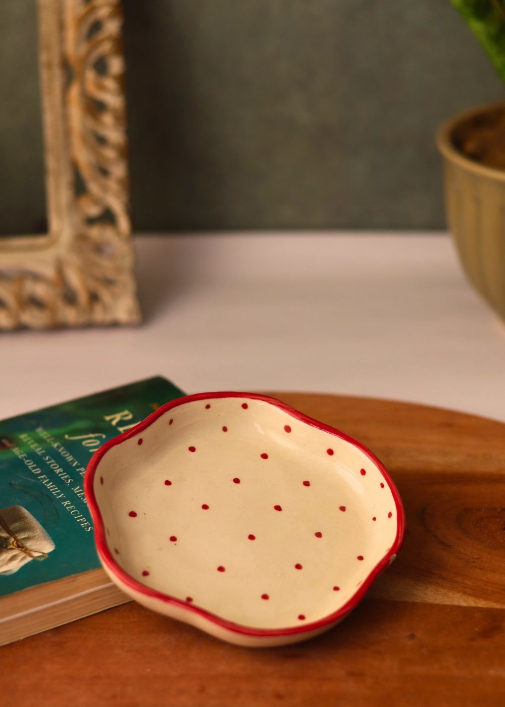 red polka handmade dessert plate handmade in india