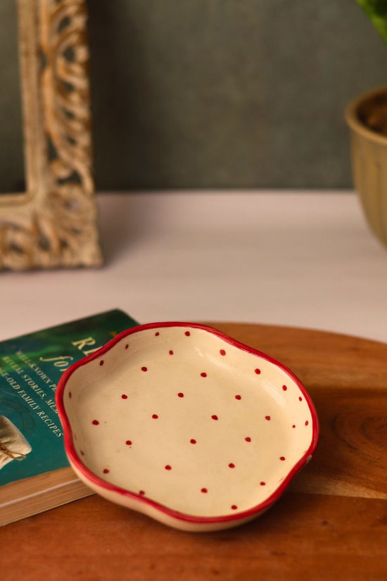 red polka handmade dessert plate handmade in india