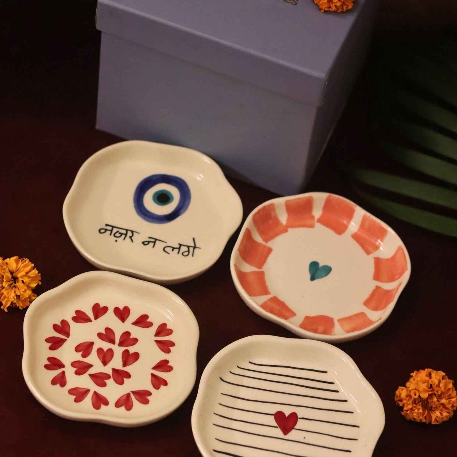 Set of 4 - Heart, Striped Heart & Nazar handmade dessert plate combo in a Gift box