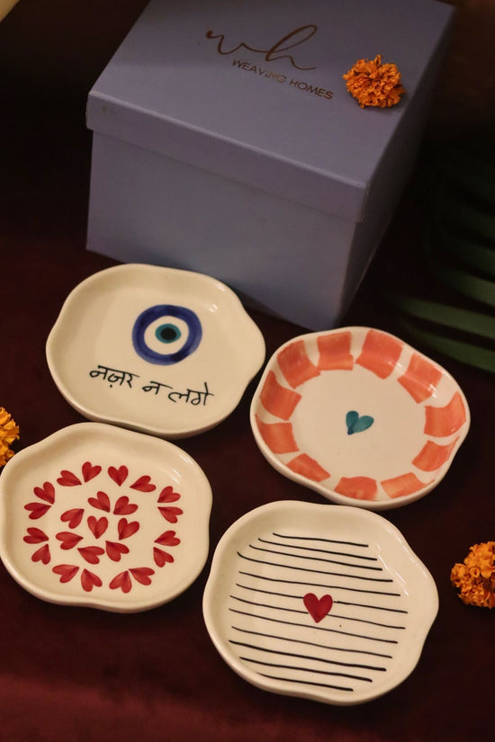Set of 4 - Heart, Striped Heart & Nazar handmade dessert plate combo in a Gift box made by ceramic