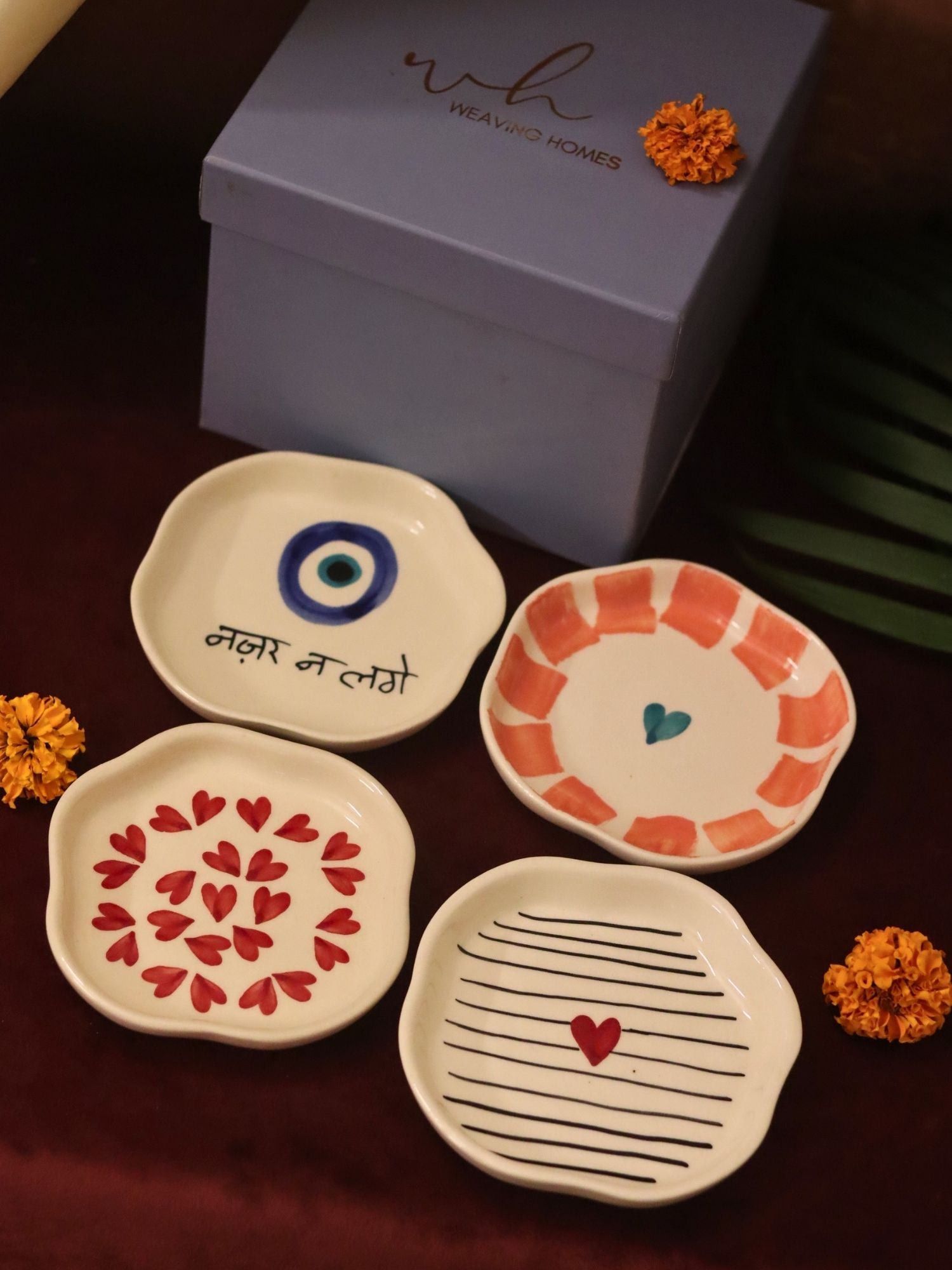Set of 4 - Heart, Striped Heart & Nazar handmade dessert plate combo in a Gift box made by ceramic